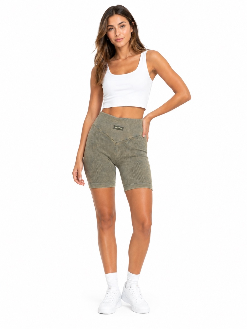 NWT Bo+Tee Seamless Ribbed Biker Shorts - Khaki - Size Small
